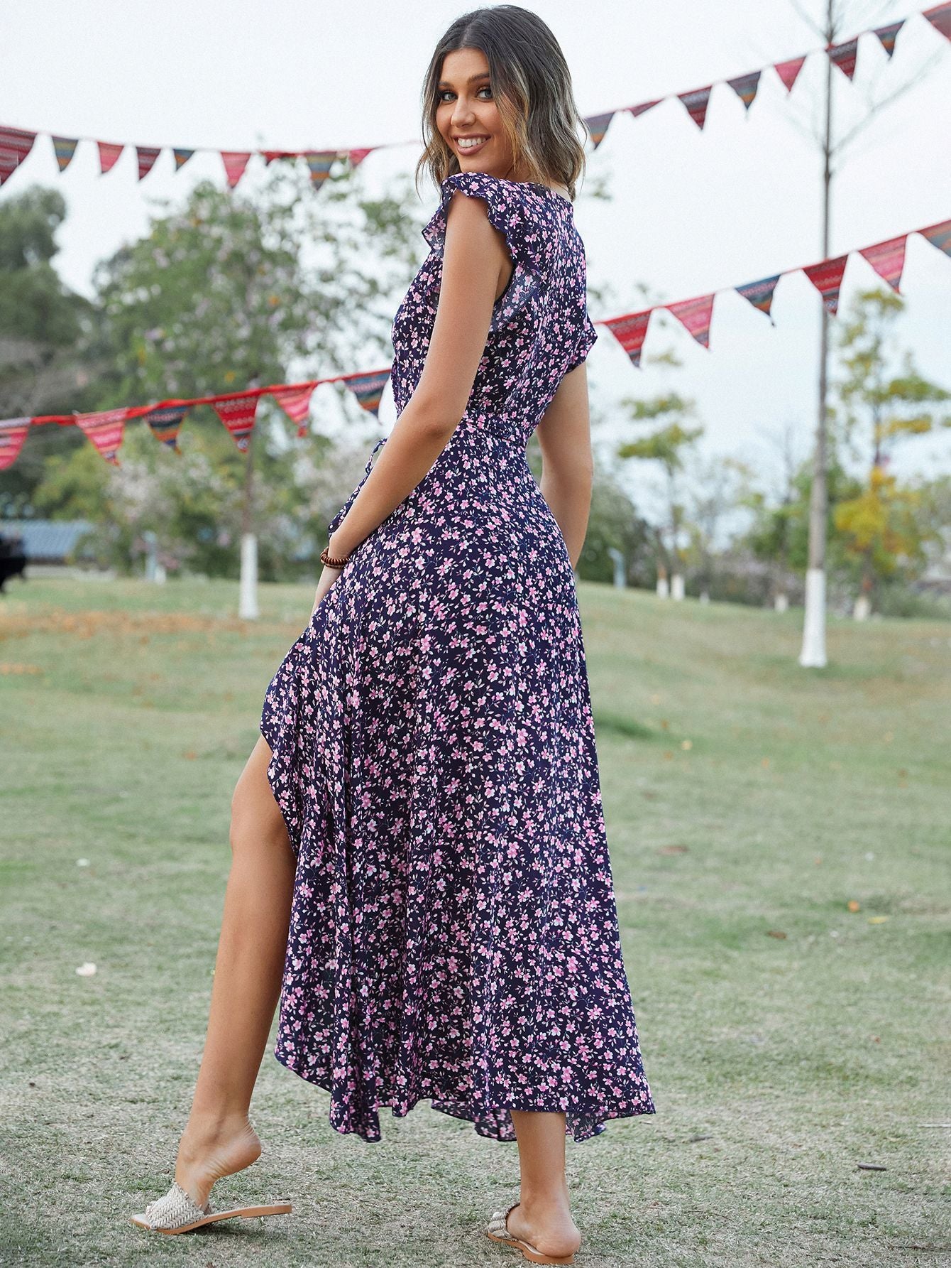 V-Neck Tie Print Dress