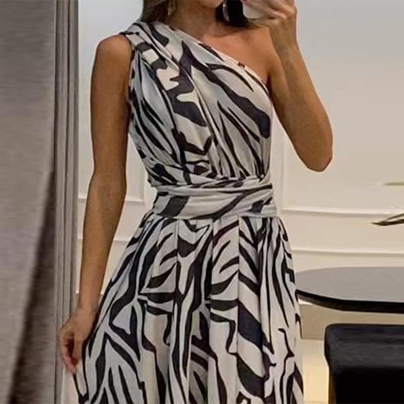 Zebra Print Asymmetrical Front Slit Maxi Dress