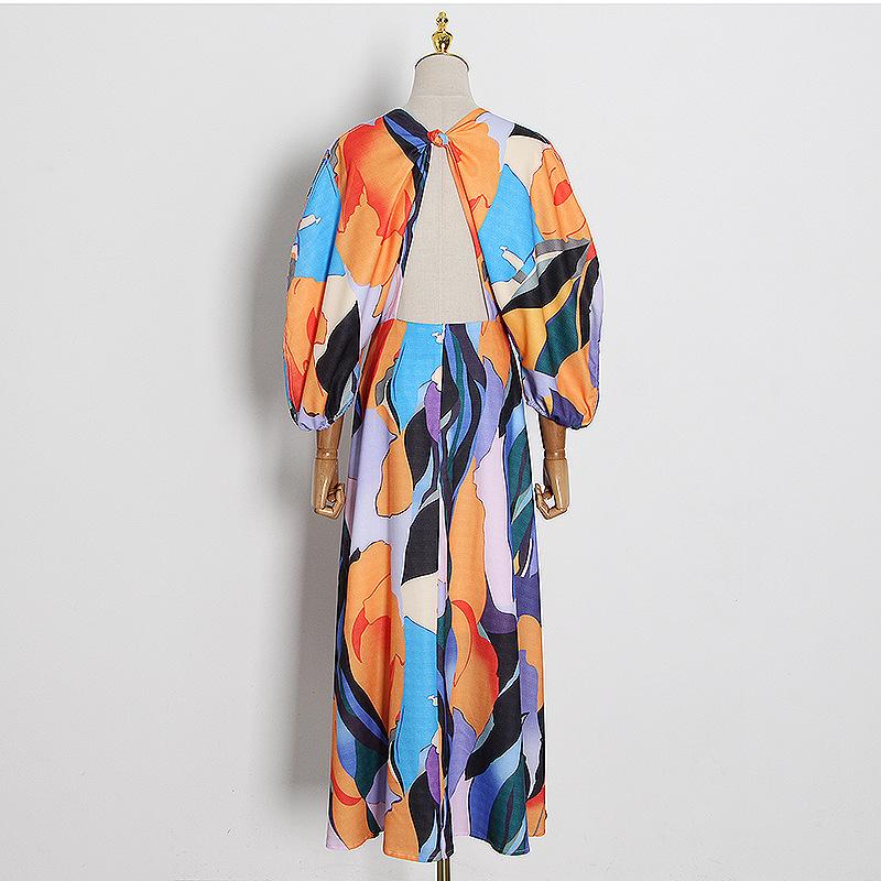 V-neck Color Block Print Dress