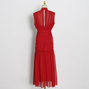 Chiffon Stand Collar Solid Color Stitching Slim Dress