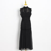 Chiffon Stand Collar Solid Color Stitching Slim Dress