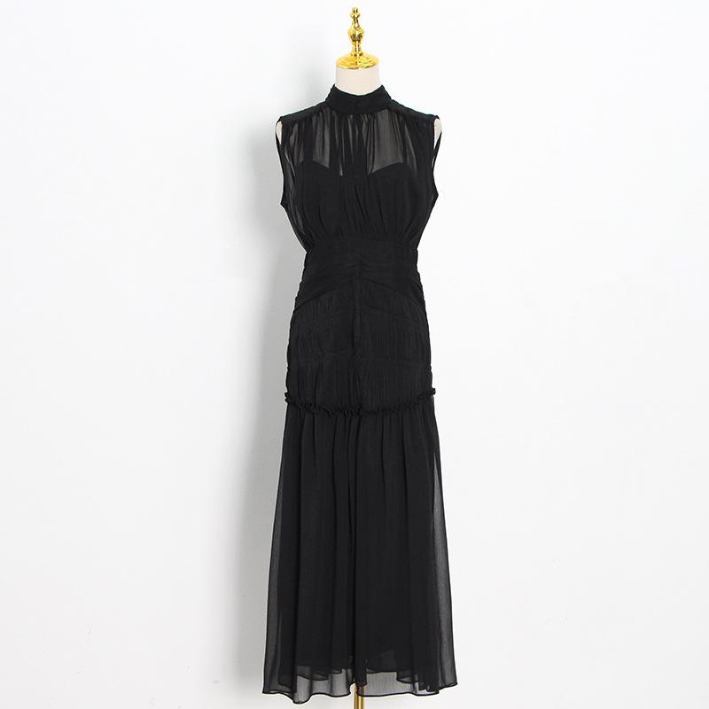 Chiffon Stand Collar Solid Color Stitching Slim Dress