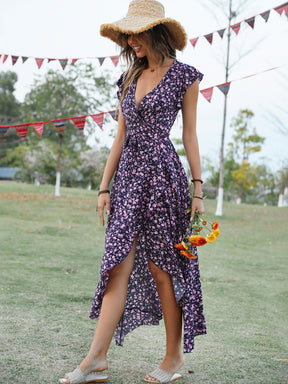 V-Neck Tie Print Dress